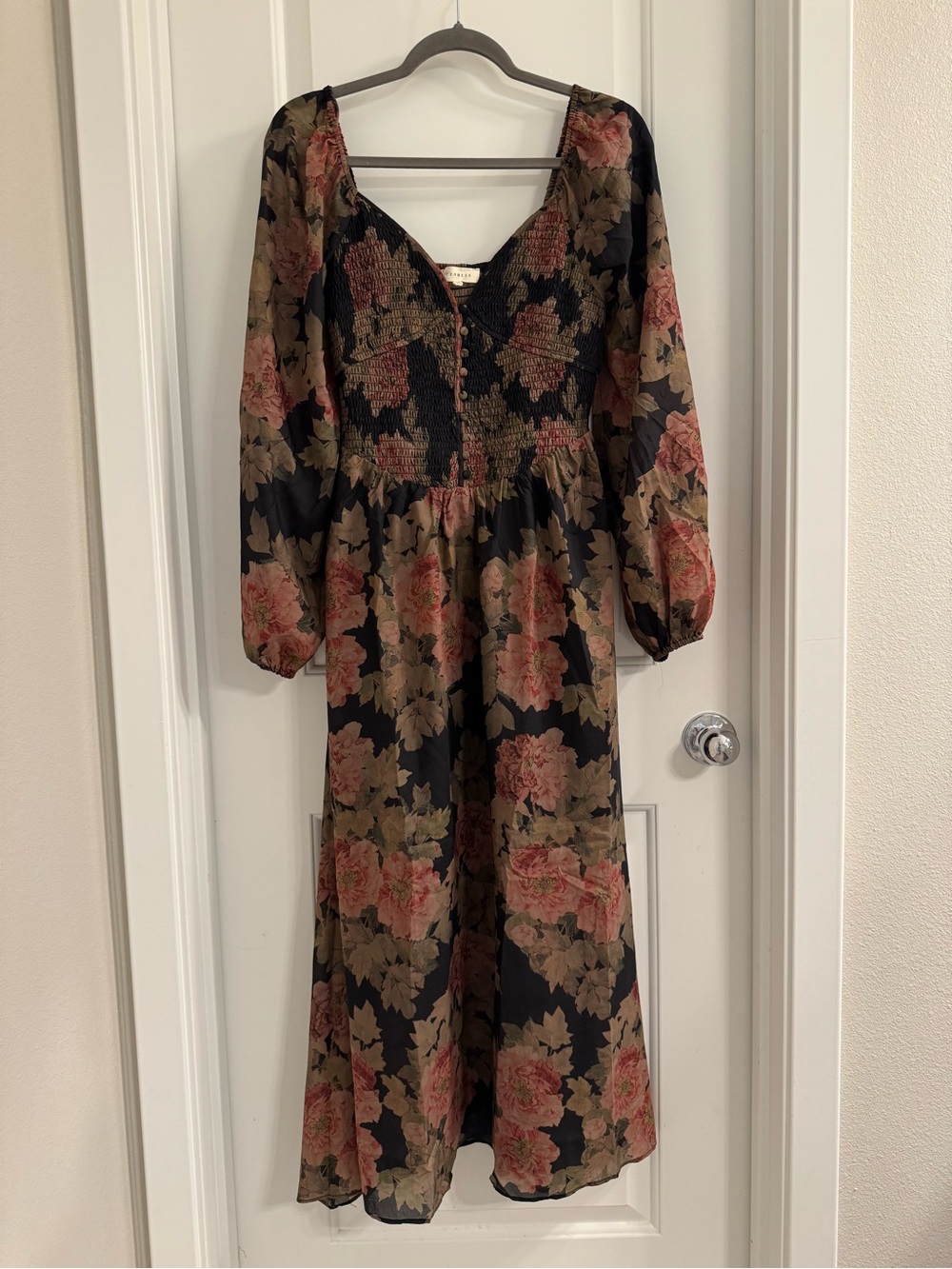 Promesa Black Maxi Dress with Pink and Olive Floral Print